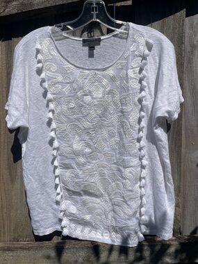 J Crew Embroidered Tassel Scoop-Neck Top -  all Linen White Small